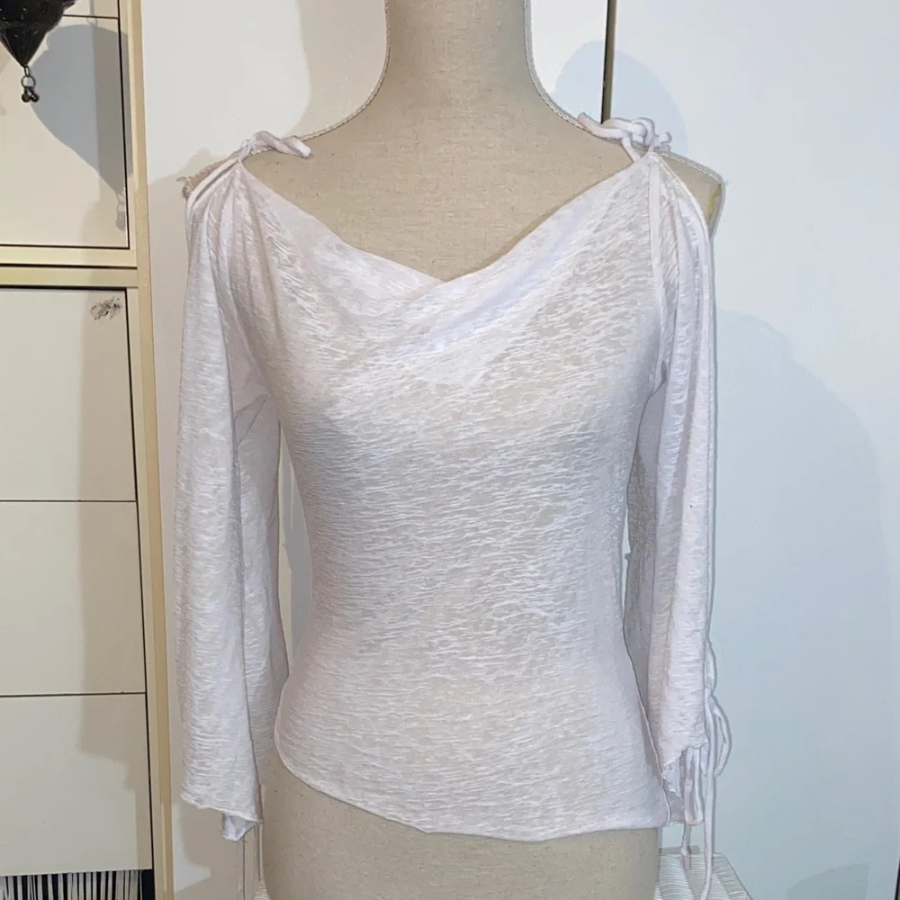 Vintage White Women's Cut Out Blouse with Draped Neckline - Picture 12 of 17